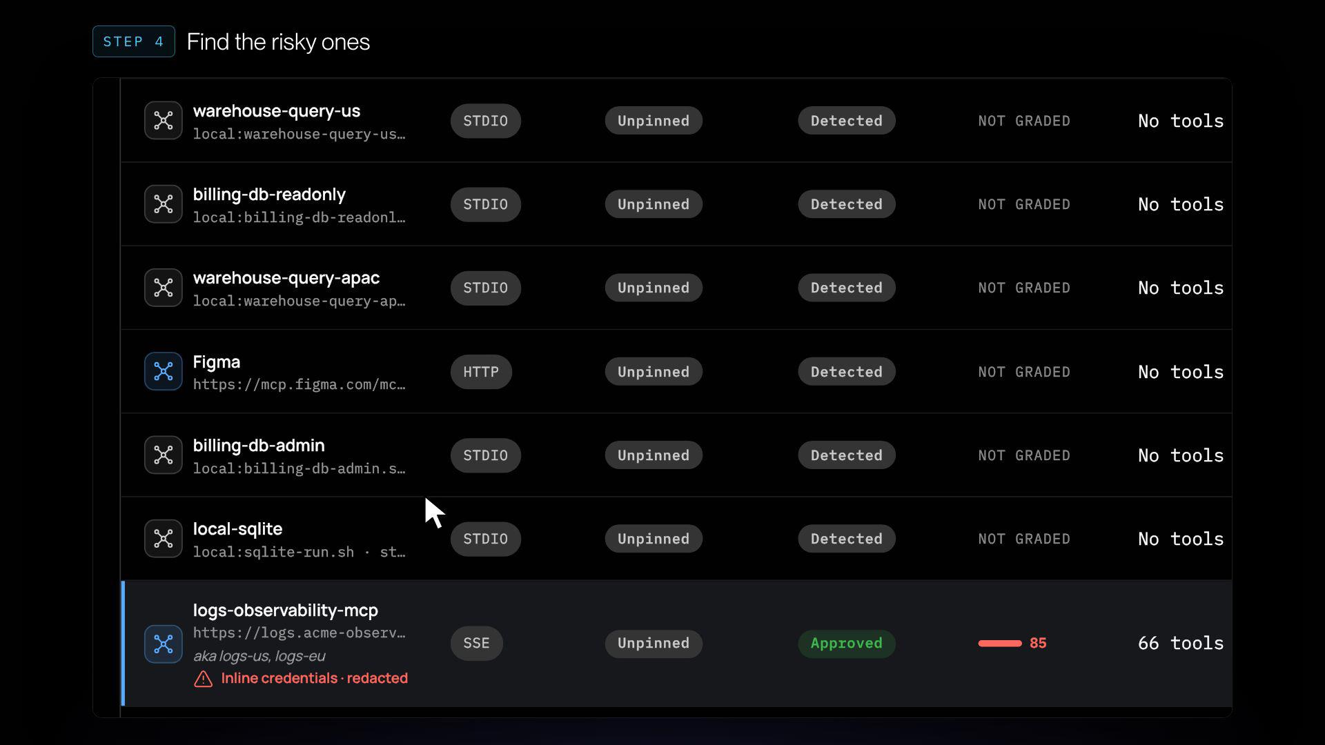 MCP servers detected on a Mac, with one flagged for inline credentials in its config