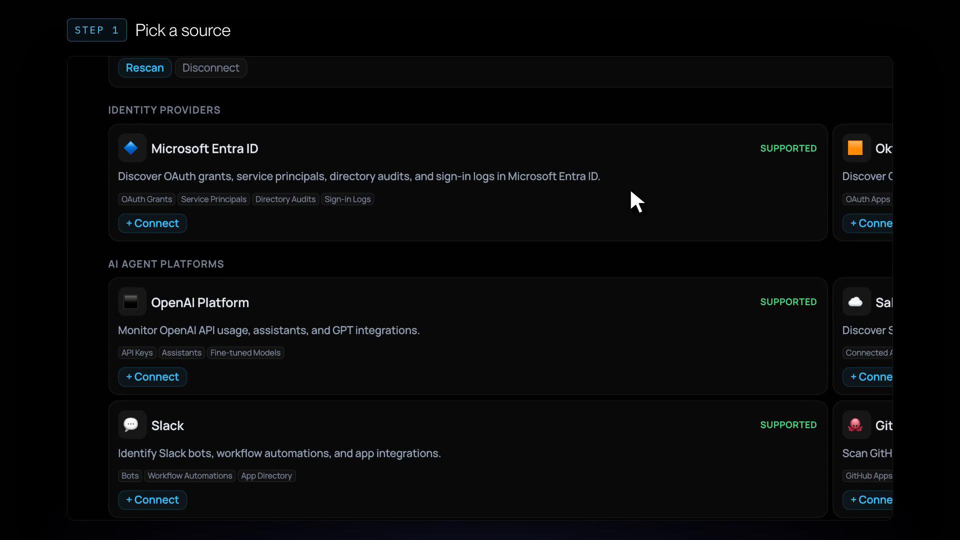 Discovery source picker with Microsoft Entra ID, OpenAI Platform and Slack ready to connect