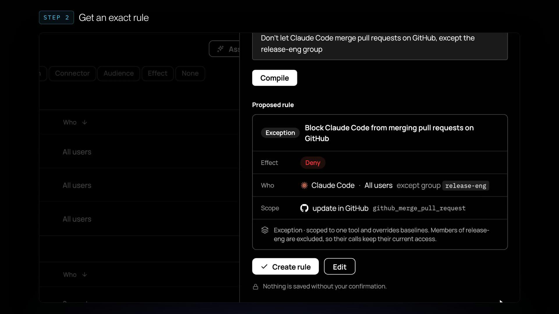 Rule assistant turning a sentence into a proposed deny rule for GitHub merges