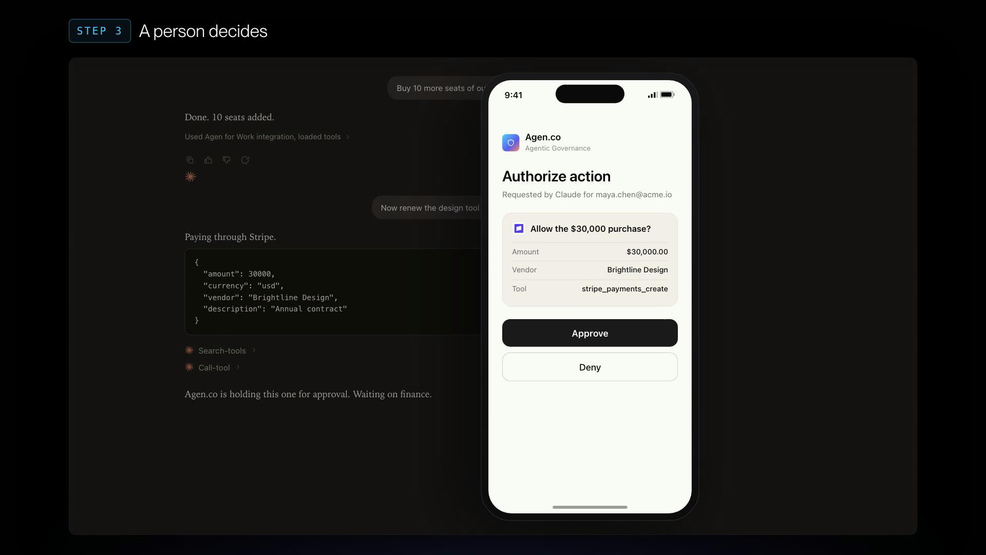 A $30,000 Stripe payment held for a finance approver on their phone