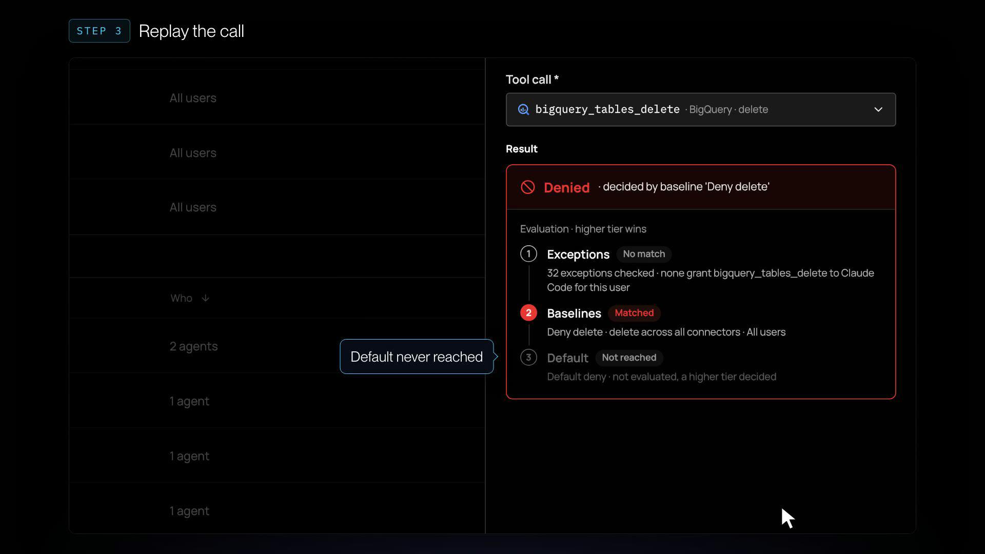 Test a call trace showing the baseline rule that matched a denied BigQuery delete